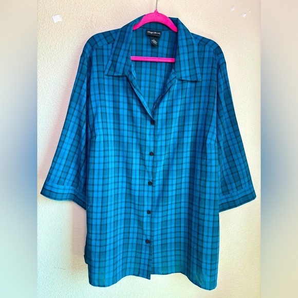 Maggie Barnes Tops - Maggie Barnes Teal Blue Black Plaid Check 3/4 Sleeve Button Up Blouse 2X 22/24W